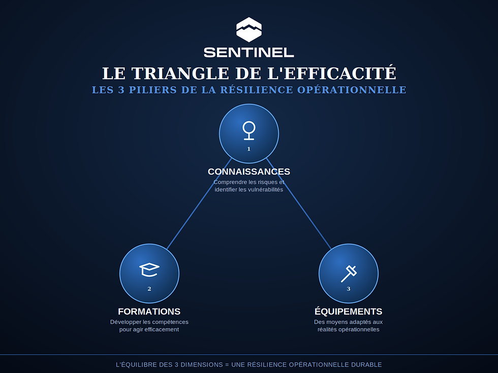 Triangle de l'efficacité SENTINEL : les 3 piliers de la résilience opérationnelle - Connaissances, Formations et Équipements pour une préparation durable face aux crises