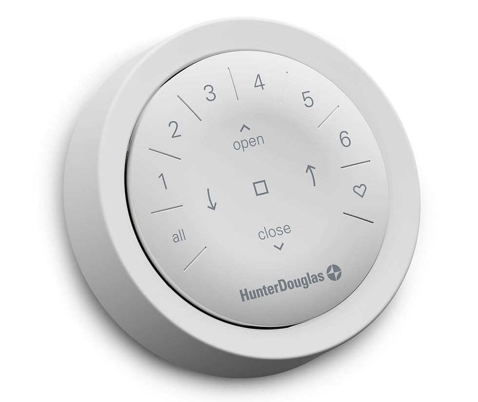 Close-up of the Hunter Douglas PowerView Surface remote in sleek white, featuring a 6-channel interface for precise home automation and motorized window treatment control.