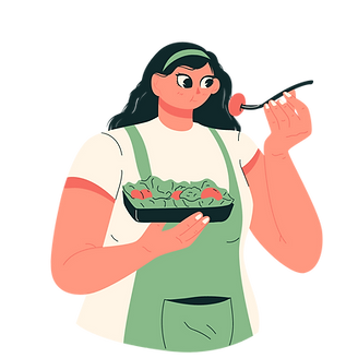 a lady who is wearing a green apron eating a salad