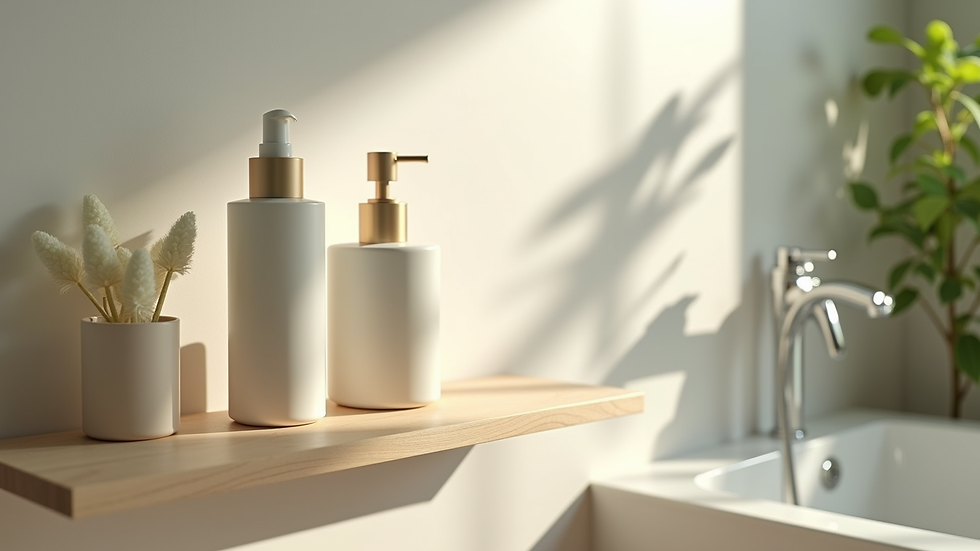 Eye-level view of soothing skincare products on a bathroom shelf