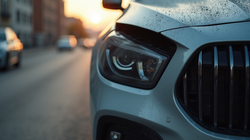 Close-up view of a car with visible front-end damage