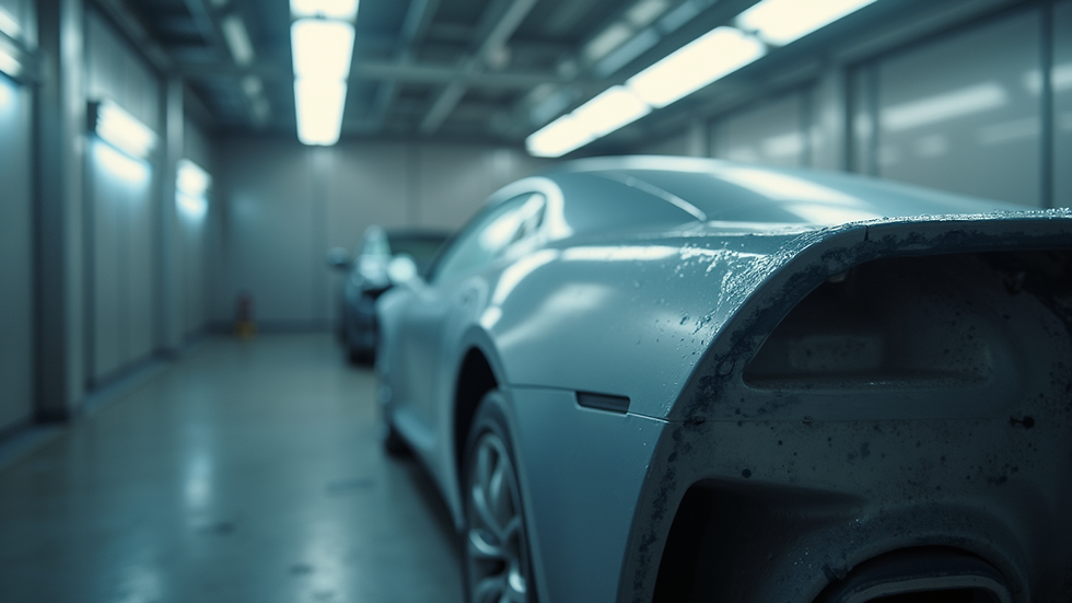Close-up view of a car being painted in an auto body shop