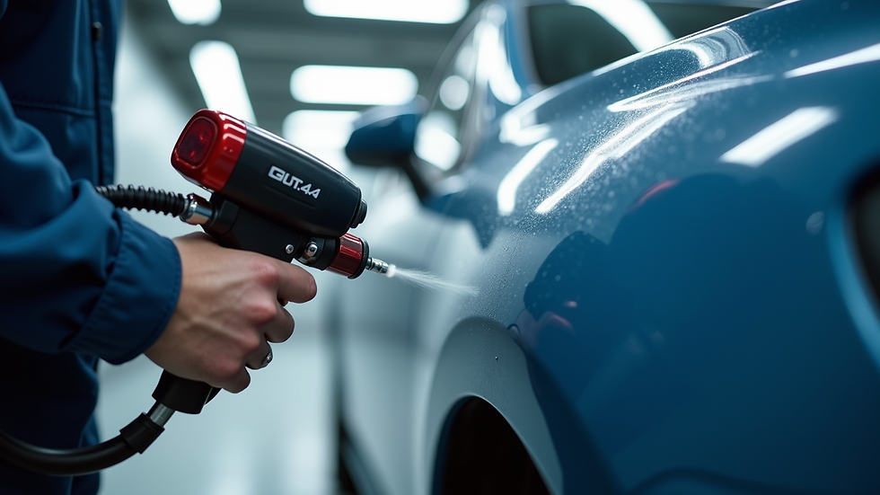 Close-up view of a technician using a paint sprayer on a car door