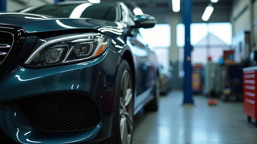 Eye-level view of a car being repaired in an auto body shop