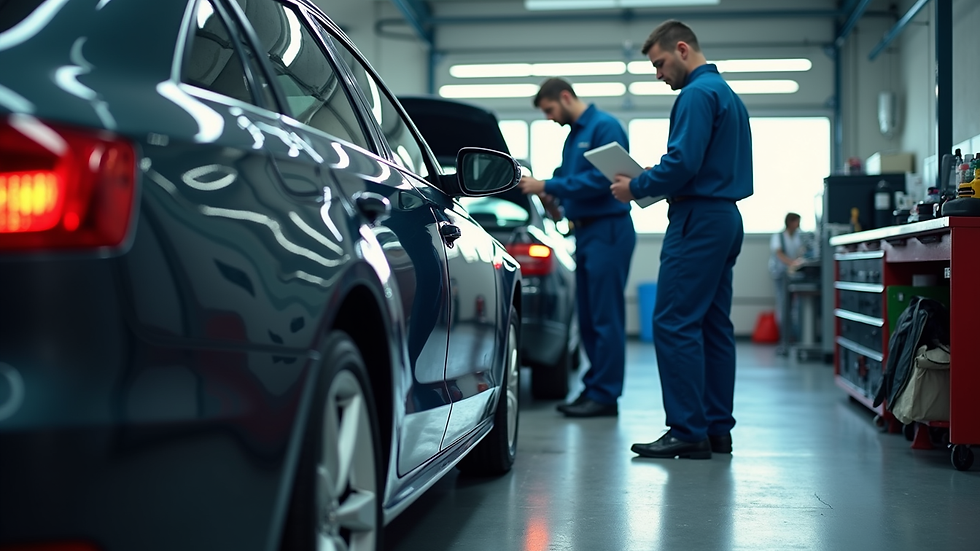 Eye-level view of a collision repair shop with technicians working on a car