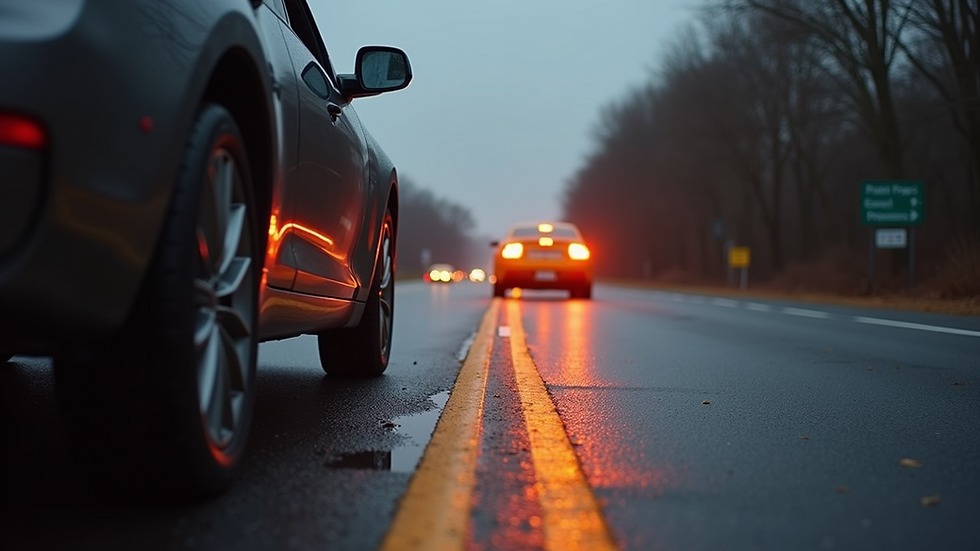 Eye-level view of a car stopped safely on the roadside with hazard lights on