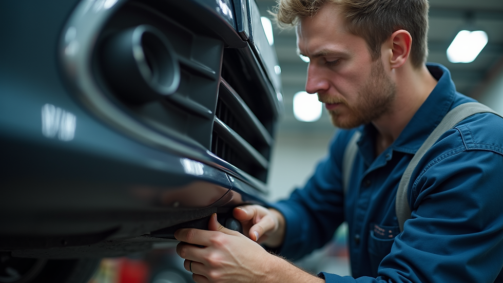 Close-up view of a mechanic repairing a car bumper in a garage