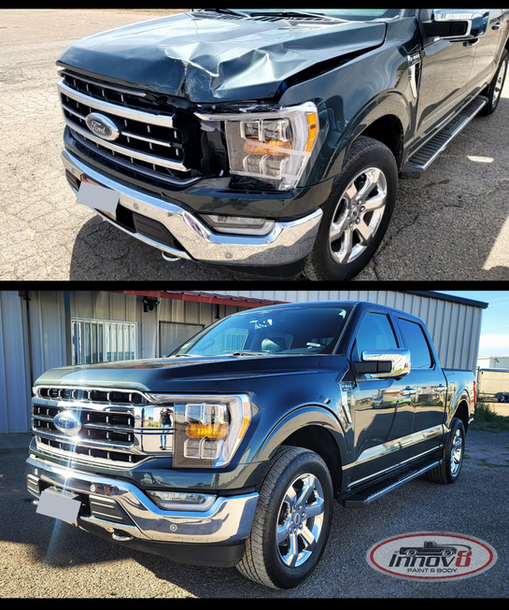 Photos showing collision repair on a blue Ford Truck completed by Innov8 Paint & Body in Pueblo West