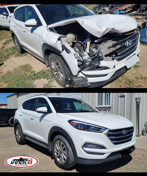 A before and after photo showing a white Hyundai Tucson with heavy collision damage that was repaired by Innov8 Paint & Body in Pueblo West, CO