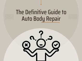 "The Definitive Guide to Auto Body Repair" and the image of a person confused on choosing one of many options.