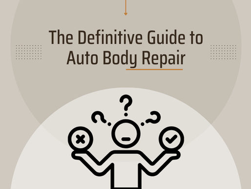 "The Definitive Guide to Auto Body Repair" and the image of a person confused on choosing one of many options.