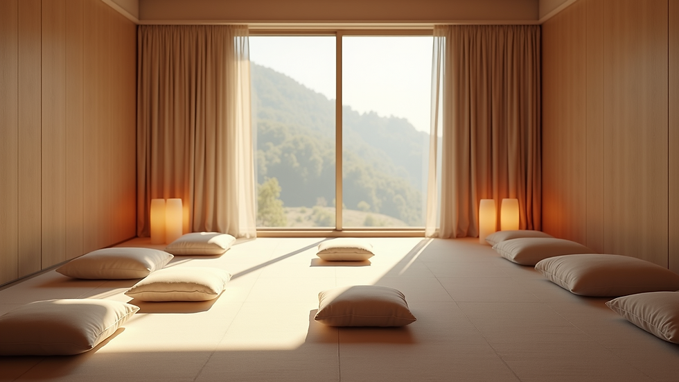 High angle view of a calm meditation space with cushions and soft lighting