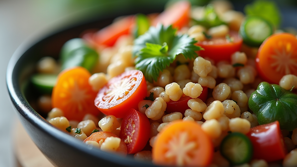 Close-up of a colorful bowl of mixed vegetables and grains