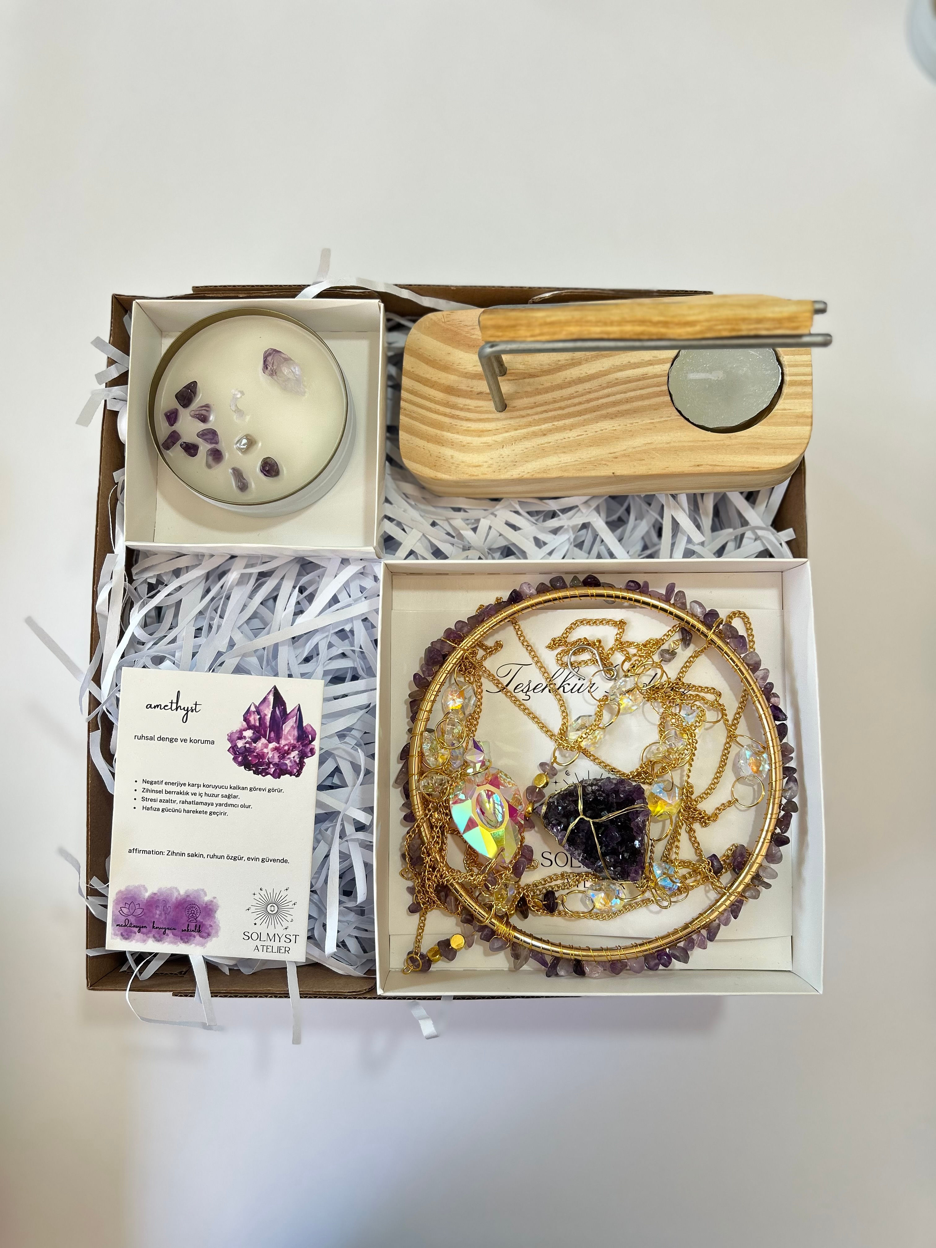Ametist Hediye Kutusu 4 - Doğal Taş Sun Catcher, Ametist Mum, Palo Santo Ve Palo