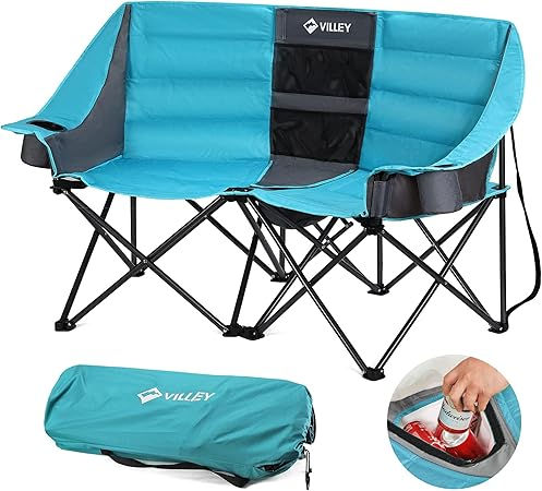 Thumbnail: VILLEY Double Camping Chair w/Cooler Bag, Extra Wide Loveseat, Heavy Duty Pad…