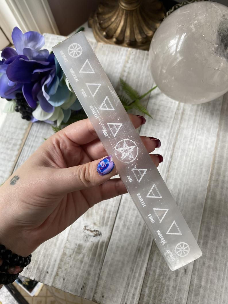 Thumbnail: Selenite Satin Spar Charging Plate / Wand with Etched Five Elements