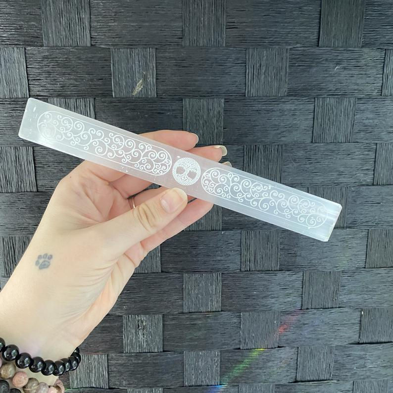 Thumbnail: Selenite Satin Spar Charging Plate / Wand with Etched Tree of Life