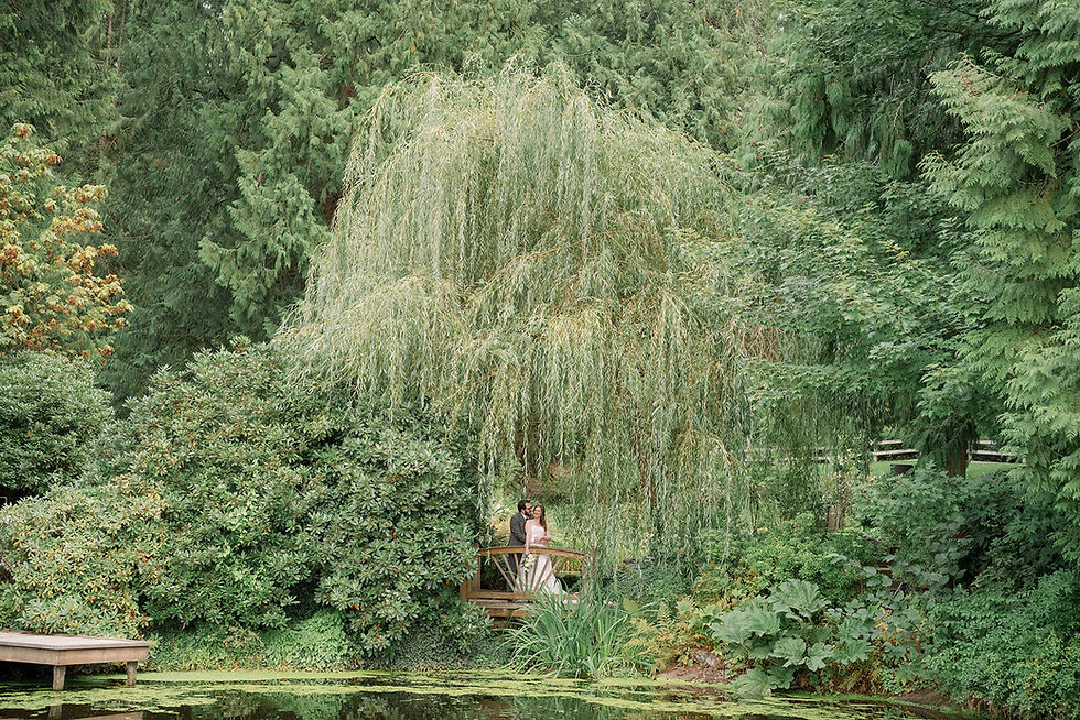 Wide shot of a couple on their wedding day standing on a small wood bridge under a willow tree. They are surrounded by huge green trees, bushes, and plants and are in front of a small pond of water. The groom is hugging his bridge and kissing her on the cheek.