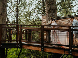 A bride and groom are walking across a bridge in between treehouses at Treehouse Point in Washington state. The bride is wearing a light pink wedding dress with a flower crown and is holding a bouquet. The groom is carrying her train. He is wearing khaki pants and a light blue blazer. They are surrounded by large trees and part of a treehouse is visible behind them.