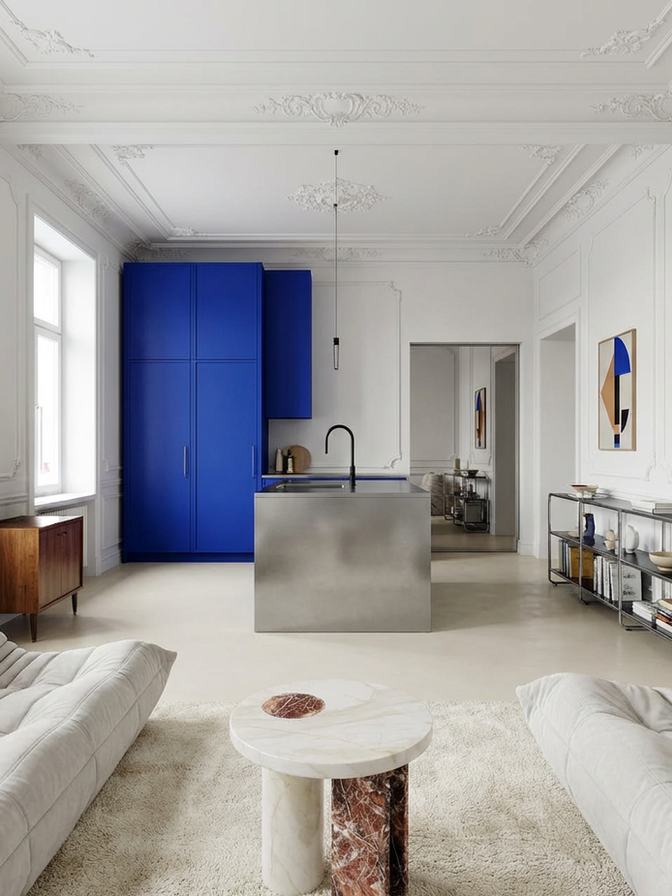 Nowoczesny projekt salonu z odważną niebieską kuchnią i wyspą kuchenną, projekt koncepcyjny 160m2 Kraków.
