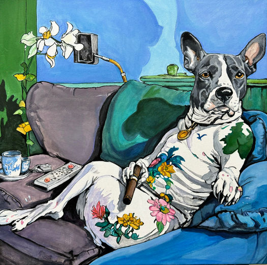 dog, couch humanlike, tattoos, flowers, cigar