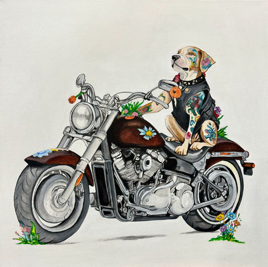 Dog, tattoos, motorcycle, yellow lab, biker