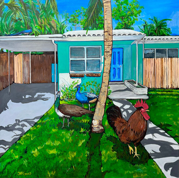 Peacock, rooster, florida house tropical