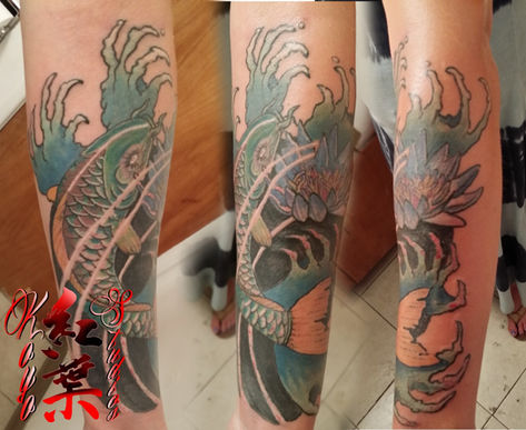 Elizabeth Camp Japanese Sleeve Tattoo Koi fish, lotus flower and waves Colored