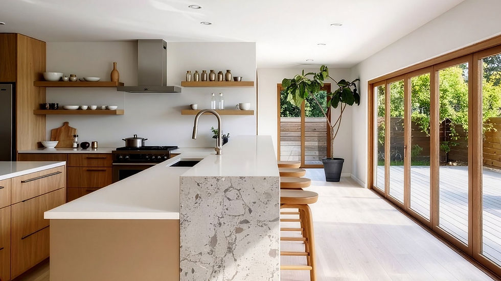 Modern luxury kitchen with wood-clad sliding patio doors and matching wood interior framing connecting to an outdoor deck
