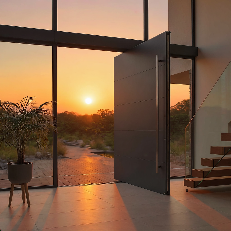 Automated pivot door luxury residential entrance indoor outdoor living glass curtain wall sunset DAS smart home automation Pacific Northwest