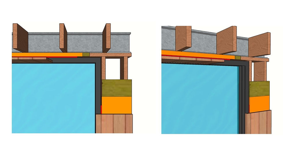 Block frame window head detail cross-section showing wall assembly layers and buried frame installation method