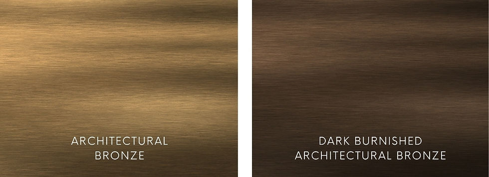 Architectural bronze and dark burnished architectural bronze finish samples side by side showing patina color range