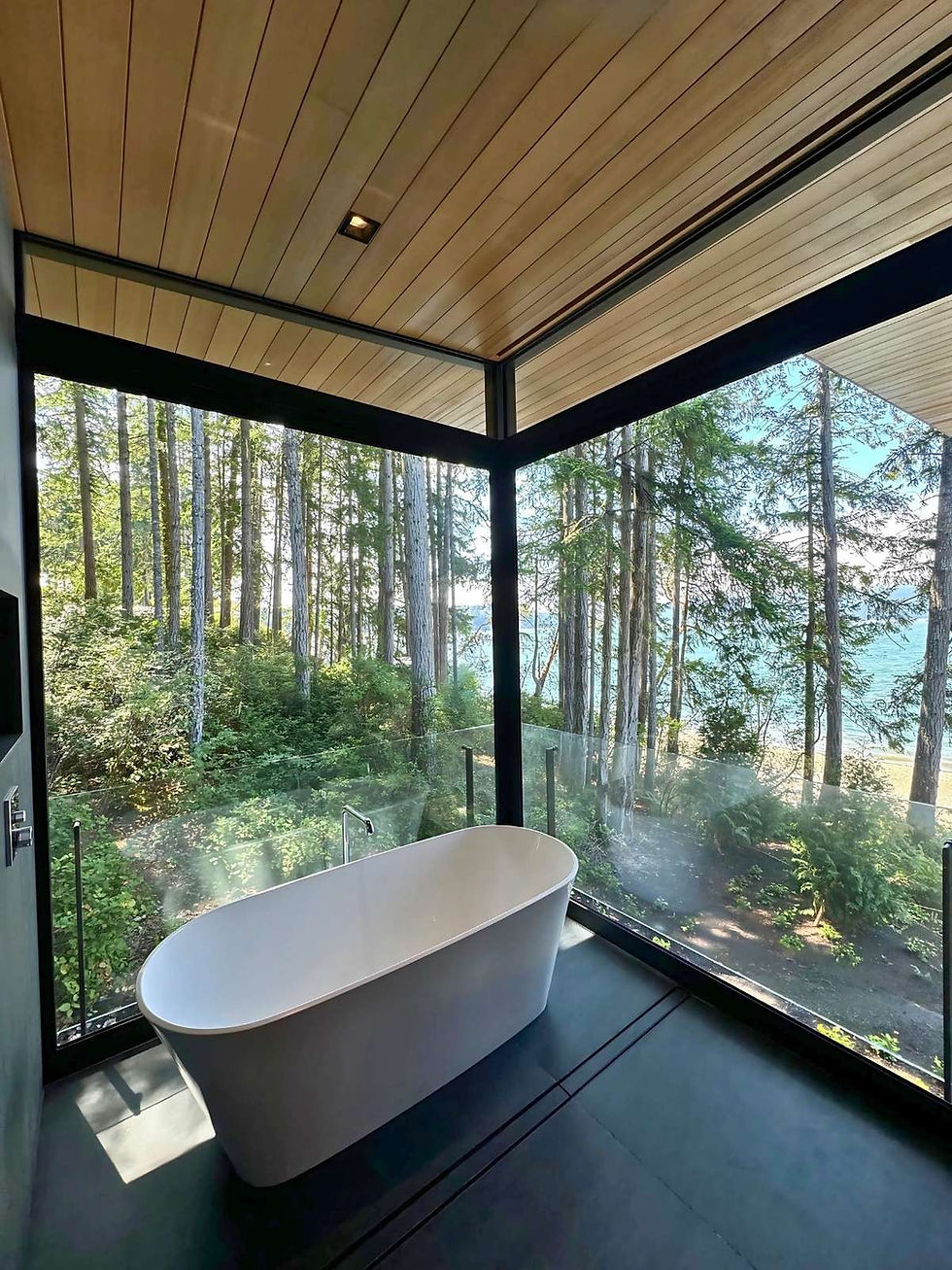 Custom aluminum corner window system in Pacific Northwest luxury bathroom with forest and water views