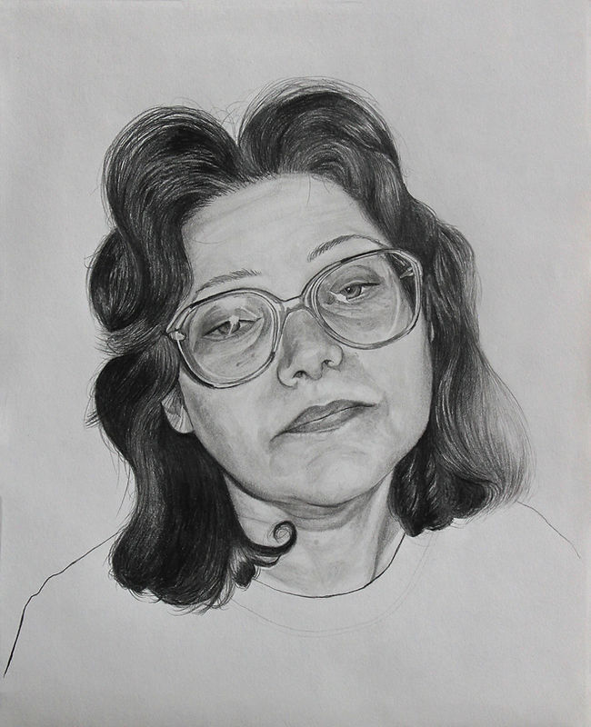 Graphite drawing of woman wearing glasses, with a sleepy expression.