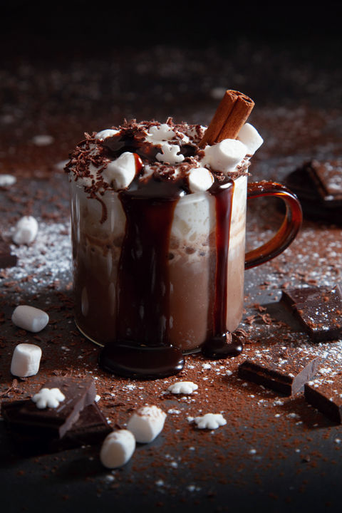 Hot chocolate with cream. Luxury menu photography.