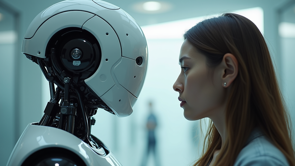 Eye-level view of a futuristic AI robot interacting with a human