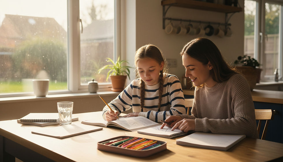Eye-level view of a student reviewing notes with a tutor at a kitchen table.
