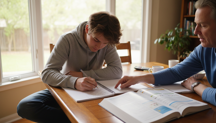 Wide-angle view of a student working confidently on a math problem at a home dining table.