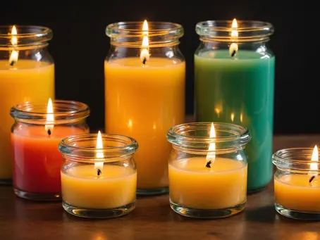 Seven lit candles in glass jars of varying sizes and colors, arranged on a dark surface with a dark background. The candles, which include three large ones in the back row and four smaller ones in the front row, create a warm and inviting atmosphere with their vibrant flames
