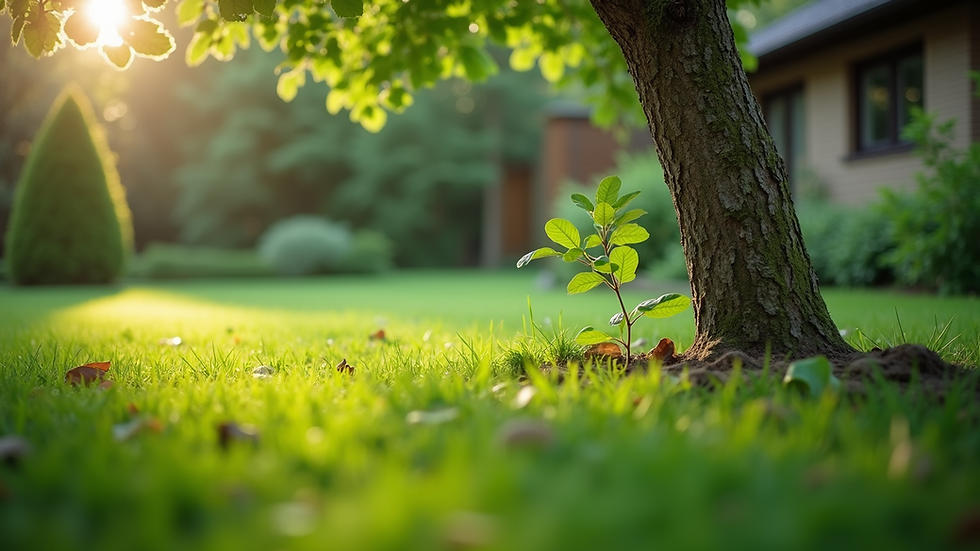 Eye-level view of tree pruning in a lush green garden