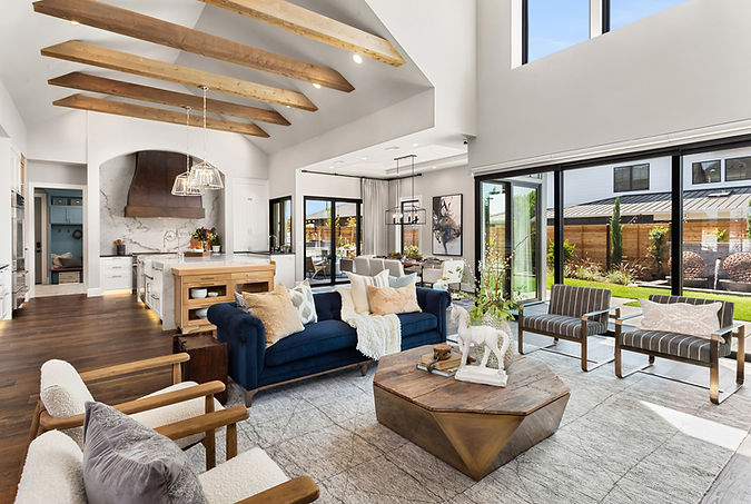Living room from the 2019 NW Natural Street of Dreams “Bespoke” home, staged and designed by Greylyn Wayne with custom furnis