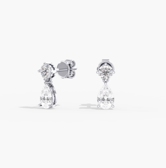 Round and Pear Drop Stud Earrings 14KT yellow gold white gold rose gold 4ctw