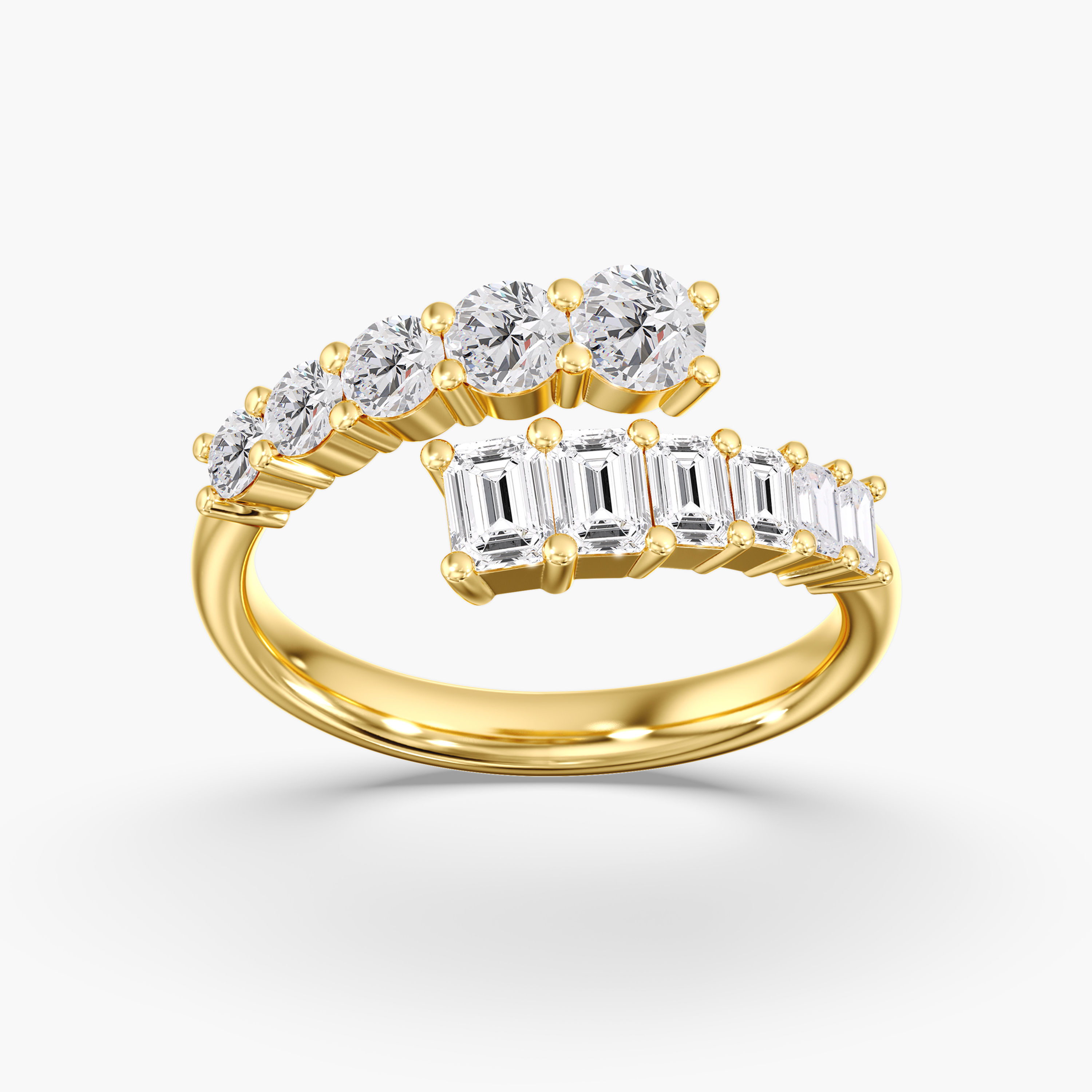 Round and Emerald Bypass Ring 14KT yellow gold white gold rose gold 1.50CTW