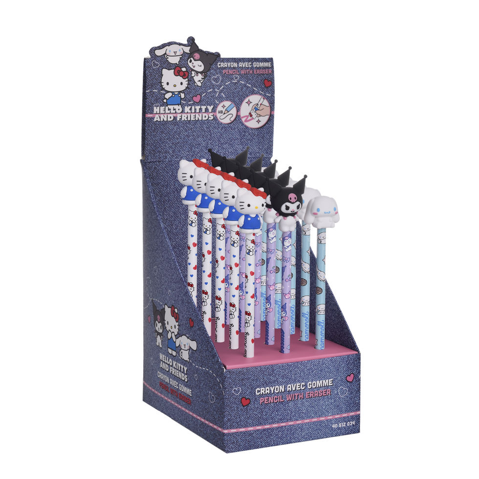 Hello Kitty, Kuromi, and Cinnamoroll pencils with erasers in display box