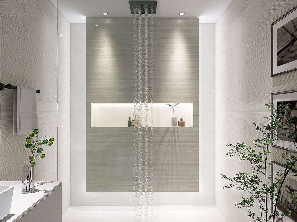 Un baño moderno con planta natural y acceso en línea visual directa hacia el salón. La puerta corredera con detalles dorados y vidrio oscurecido añade un toque sofisticado y contemporáneo.