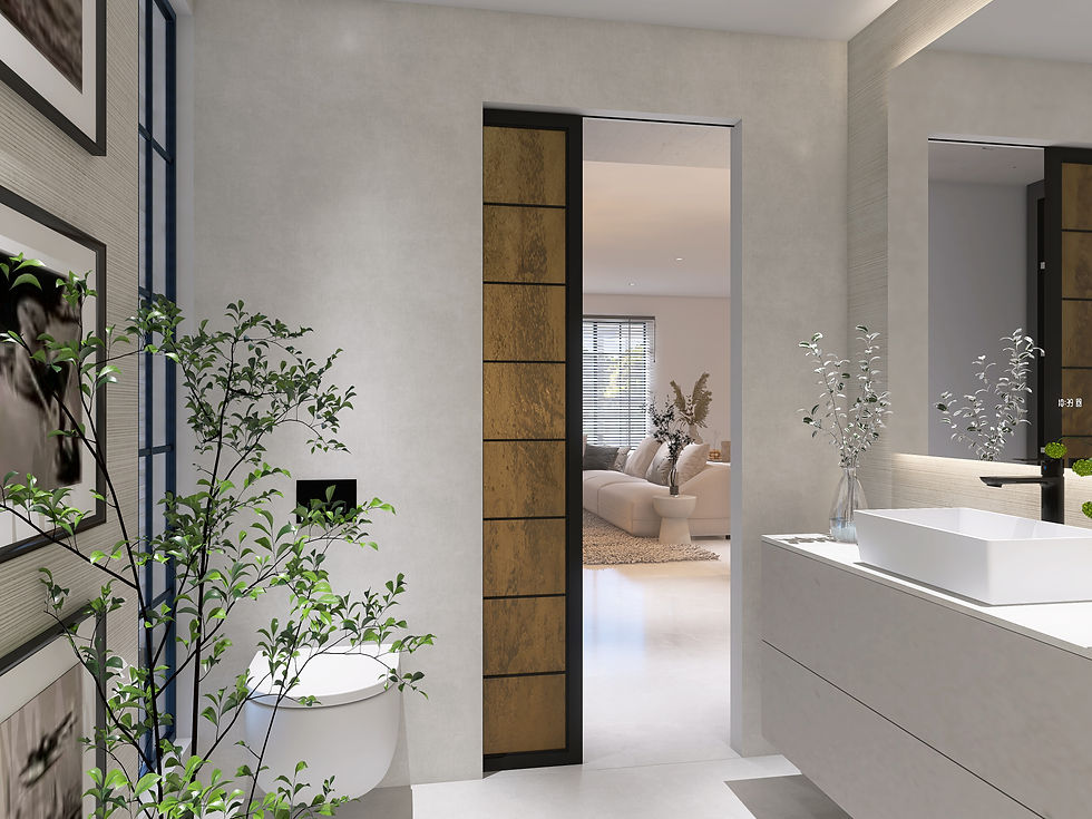 Un baño moderno con planta natural y acceso en línea visual directa hacia el salón. La puerta corredera con detalles dorados y vidrio oscurecido añade un toque sofisticado y contemporáneo.