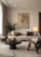 La paleta en tonos beige y marrón, el mobiliario de líneas curvas y los elementos naturales crean un ambiente relajado y armonioso. La obra de arte abstracta y la lámpara orgánica aportan interés visual sin romper la serenidad.