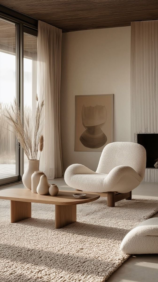 Un sillón de diseño, una mesa baja y decoración en cerámica definen un espacio perfecto para desconectar.