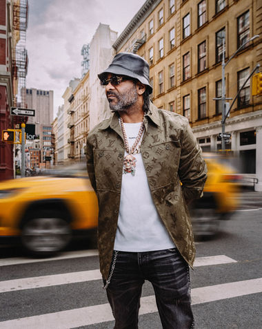 Portrait of rapper Jim Jones in New York City, styled streetwear photoshoot for Vintage Frames by commercial photographer Chroma Code.