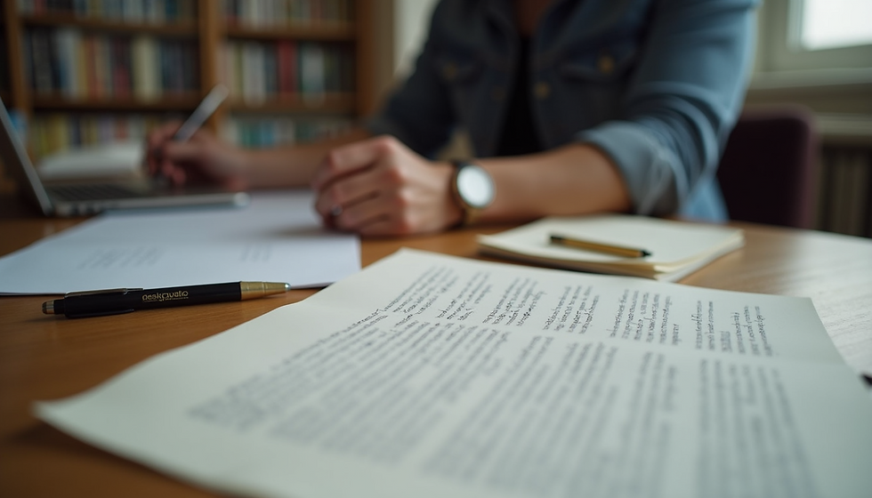 An editor working at their desk with a laptop and papers around them.